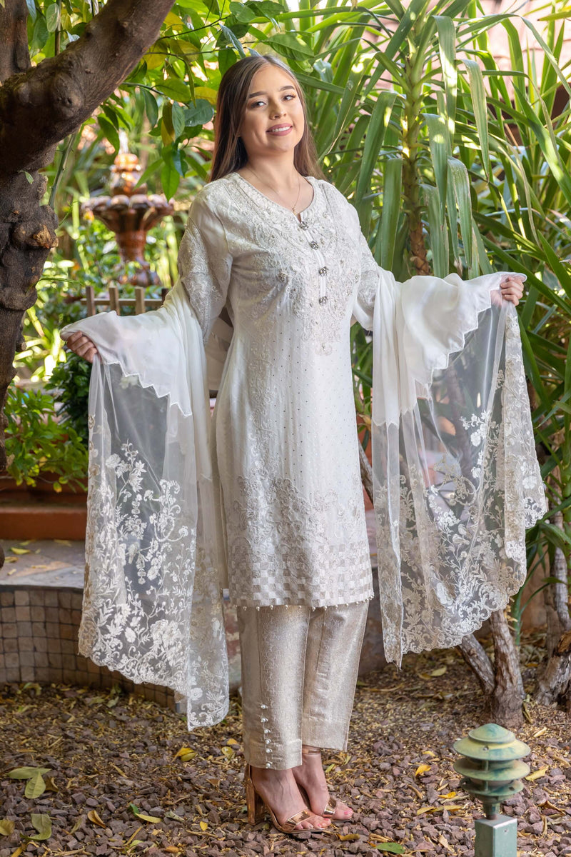 White Chiffon Shirt & Net Scarf Embroidery Suit-Salwar Kameez- Trendz & Traditionz Boutique 