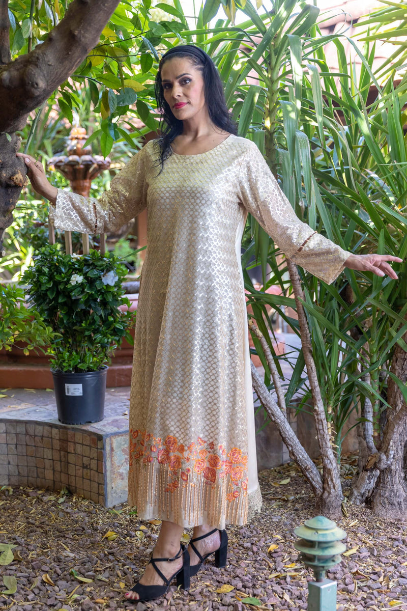 Golden Silk Gown with Embroidery & Beads- Trendz & Traditionz Boutique 
