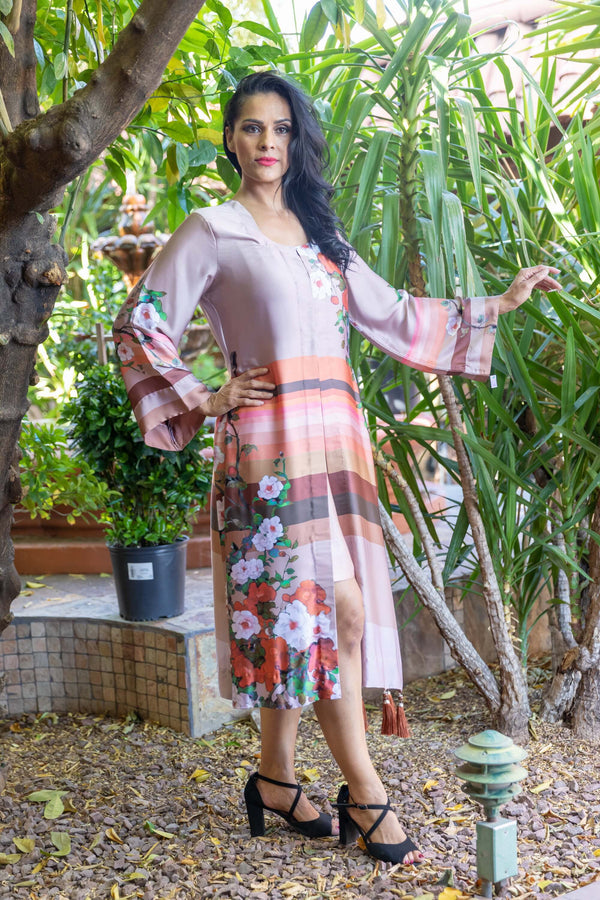 Peach Long Silk Dress With Printed Flowers- Trendz & Traditionz Boutique 