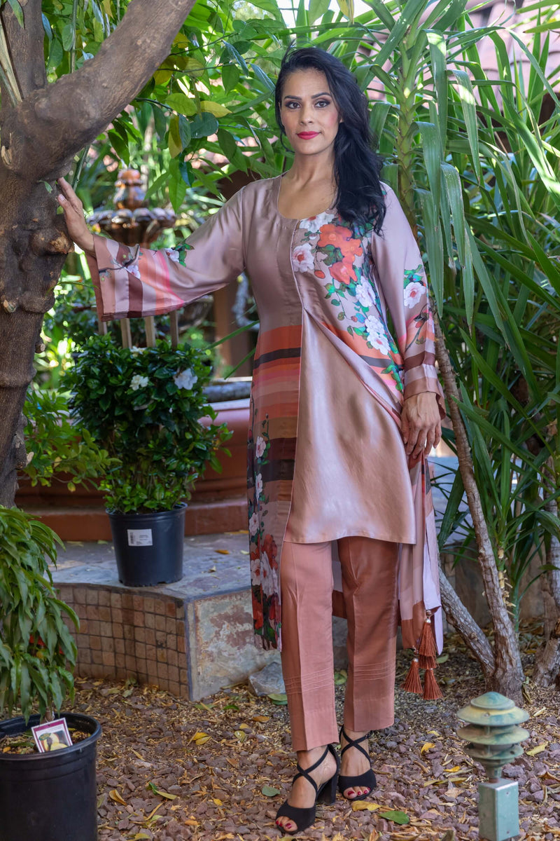Peach Long Silk Dress With Printed Flowers- Trendz & Traditionz Boutique 