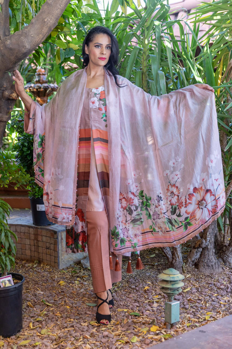 Peach Long Silk Dress With Printed Flowers- Trendz & Traditionz Boutique 