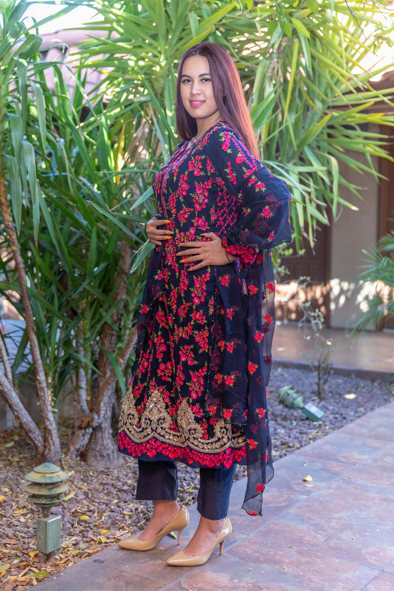 Navy Chiffon Embroider Suit with Silk pants- Trendz & Traditionz Boutique 