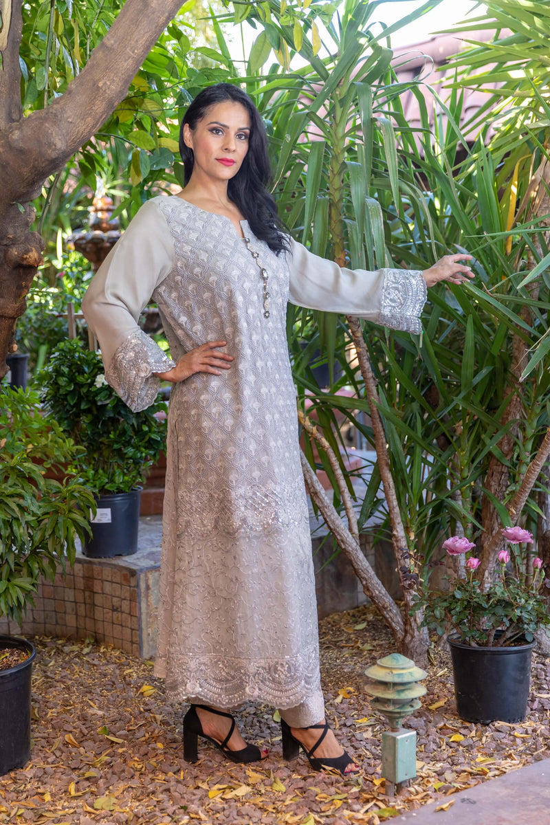 Grey Chiffon Embroidery Suit with Full Embroidery Scarf- Trendz & Traditionz Boutique 