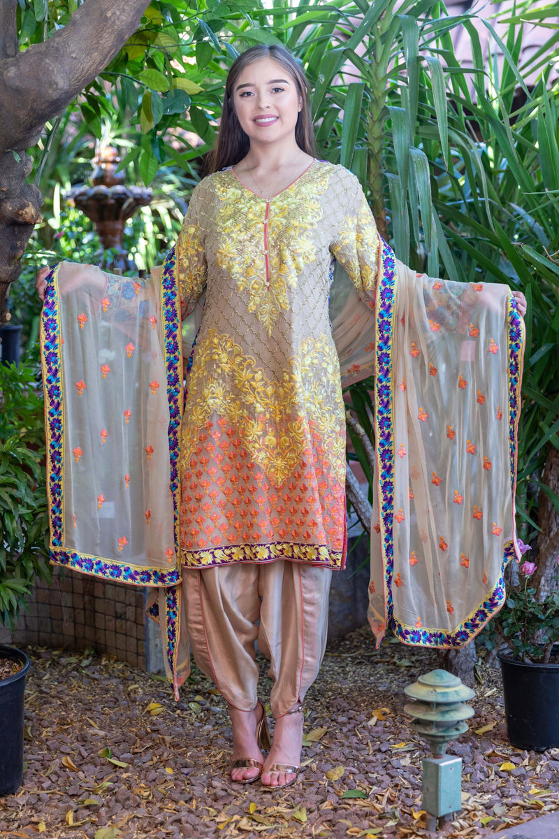 Peach-Yellow Embroidery Beige Suit with Silk pants & Chiffon Dupatta- Trendz & Traditionz Boutique 