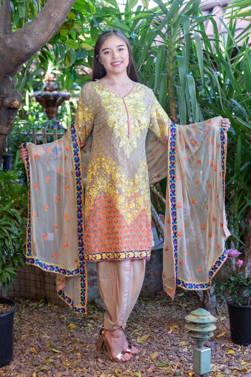 Peach-Yellow Embroidery Beige Suit with Silk pants & Chiffon Dupatta- Trendz & Traditionz Boutique 