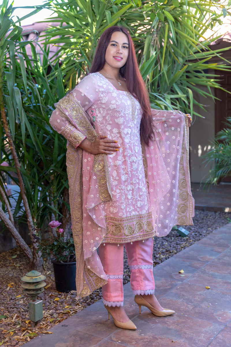 Pink Chiffon Embroidery Suit with Silk pants and Embroidery Chiffon Shawl- Trendz & Traditionz Boutique 