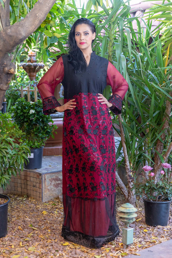 Maroon Net Gown with Embroidery & Beads- Trendz & Traditionz Boutique