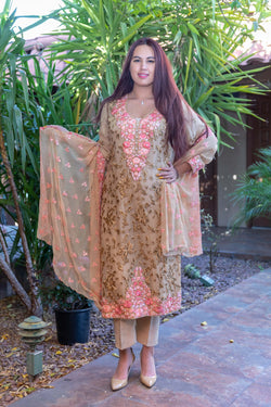 Beige Slawar- Kameez Suit with Pink Roses - Trendz & Traditionz Boutique 