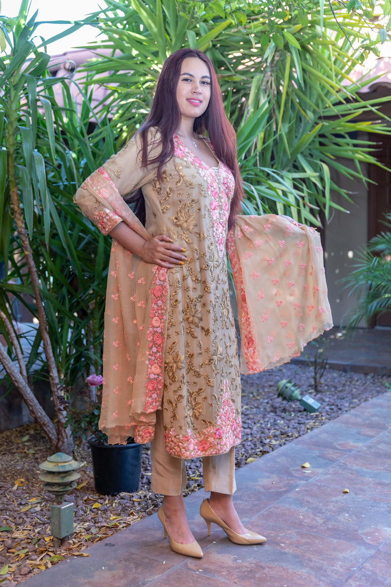 Beige Slawar- Kameez Suit with Pink Roses - Trendz & Traditionz Boutique 