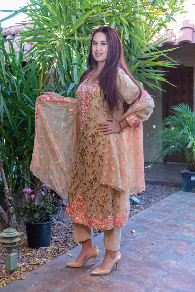 Beige Slawar- Kameez Suit with Pink Roses - Trendz & Traditionz Boutique 