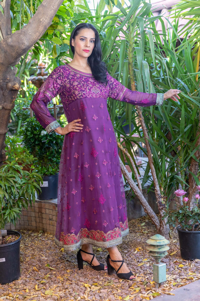 Net Purple Anarkali Gown Dress- Trendz & Traditionz Boutique