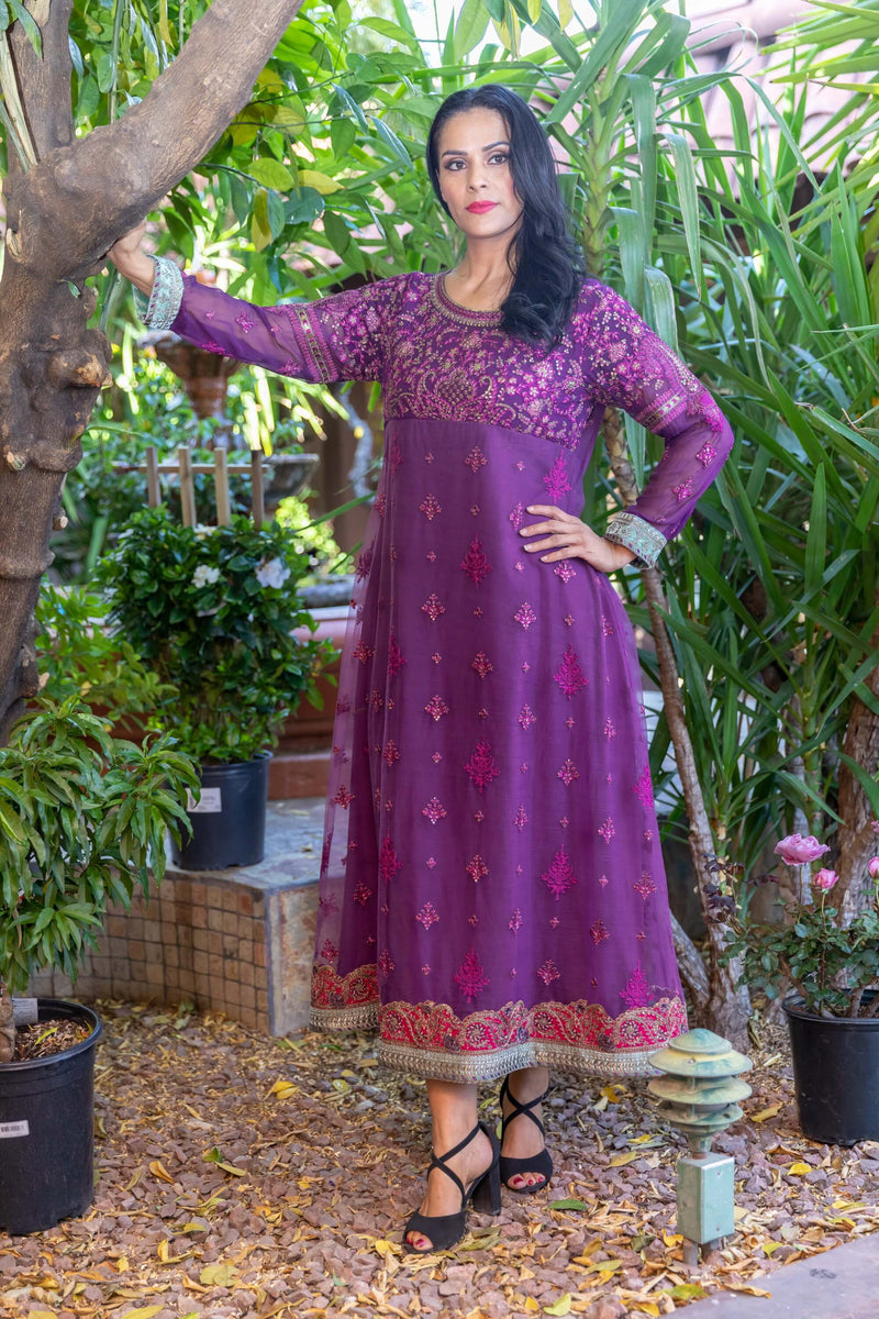 Net Purple Anarkali Gown Dress- Trendz & Traditionz Boutique