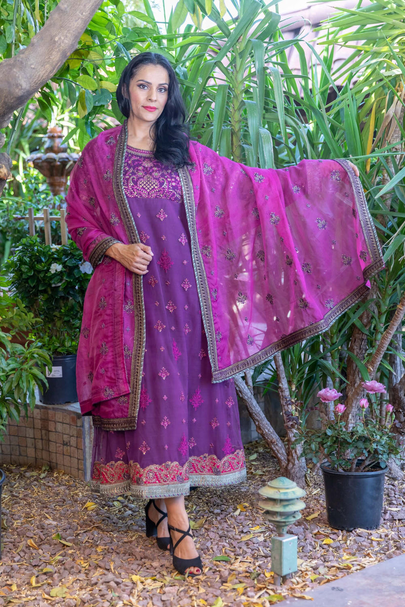 Net Purple Anarkali Gown Dress- Trendz & Traditionz Boutique