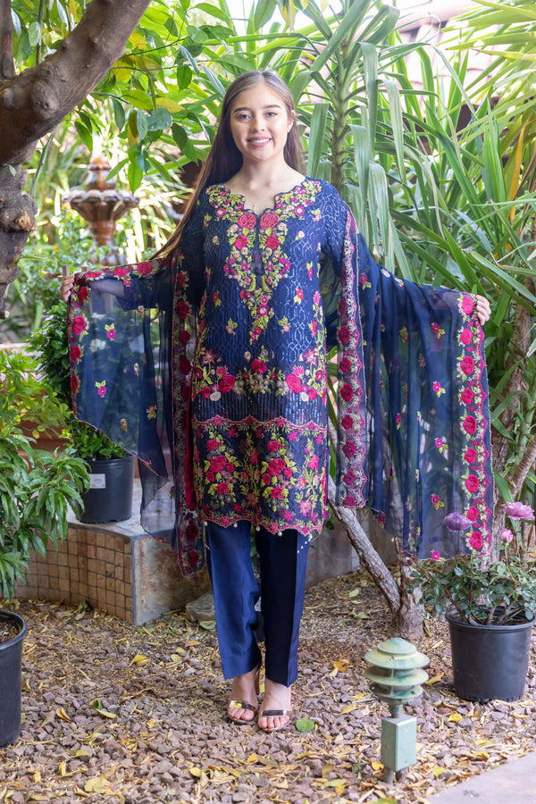 Blue Chiffon Suit With Pink-Green Embroidery & Silk pants & Full Embroider Chiffon Shawl- Trendz & Traditionz Boutique 