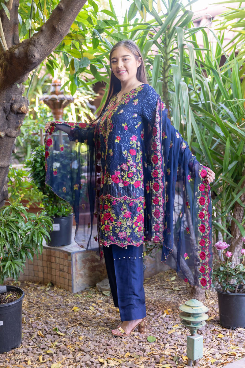 Blue Chiffon Suit With Pink-Green Embroidery & Silk pants & Full Embroider Chiffon Shawl- Trendz & Traditionz Boutique 