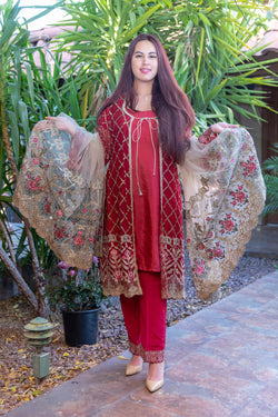 Red Chiffon Embroidered Shirt, Net Embroidery Scarf, Silk Shirt & Pant With Gold Trim- Trendz & Traditionz Boutique 