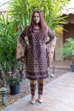 Gold- Beige Chiffon Embroidery Suit with Silk pants - Trendz & Traditionz Boutique 