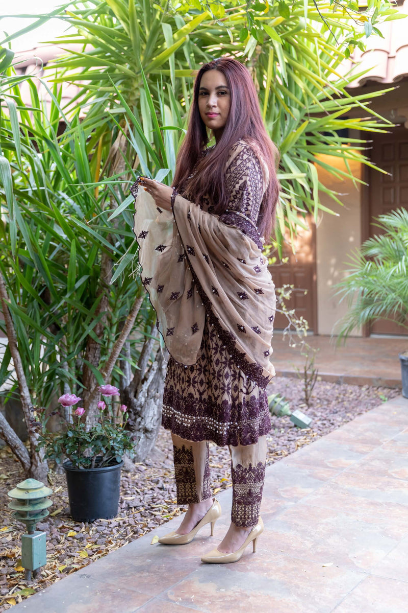 Gold- Beige Chiffon Embroidery Suit with Silk pants - Trendz & Traditionz Boutique 