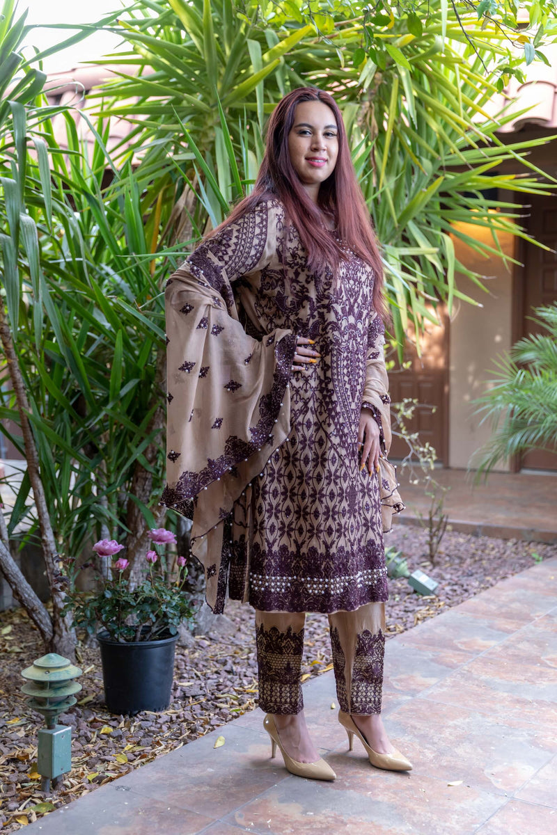 Gold- Beige Chiffon Embroidery Suit with Silk pants - Trendz & Traditionz Boutique 