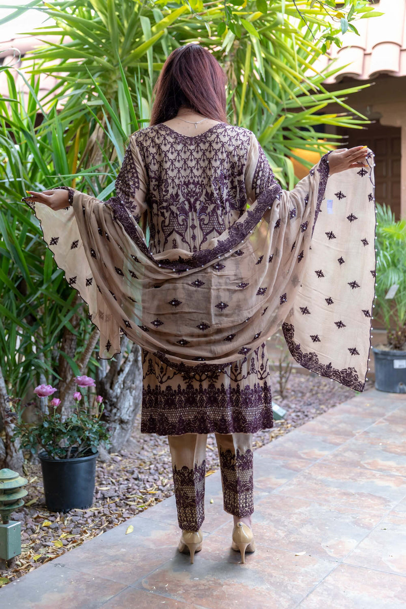 Gold- Beige Chiffon Embroidery Suit with Silk pants - Trendz & Traditionz Boutique 
