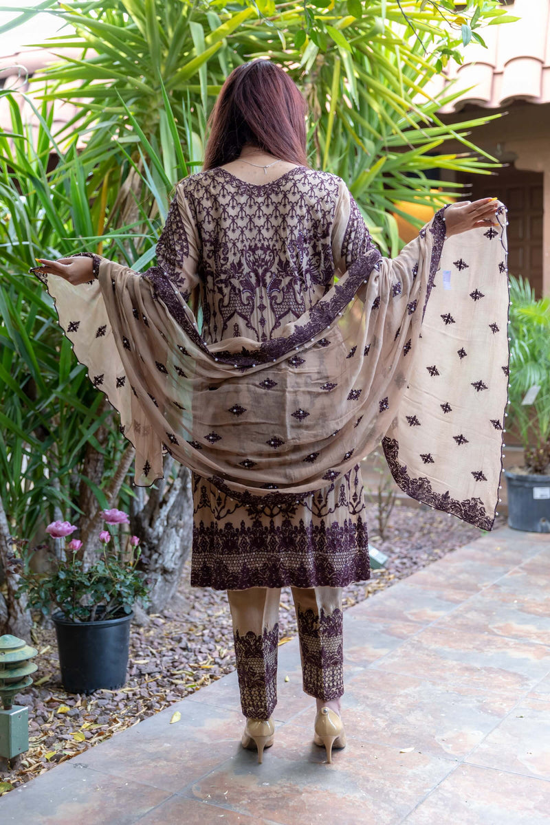 Gold- Beige Chiffon Embroidery Suit with Silk pants - Trendz & Traditionz Boutique 