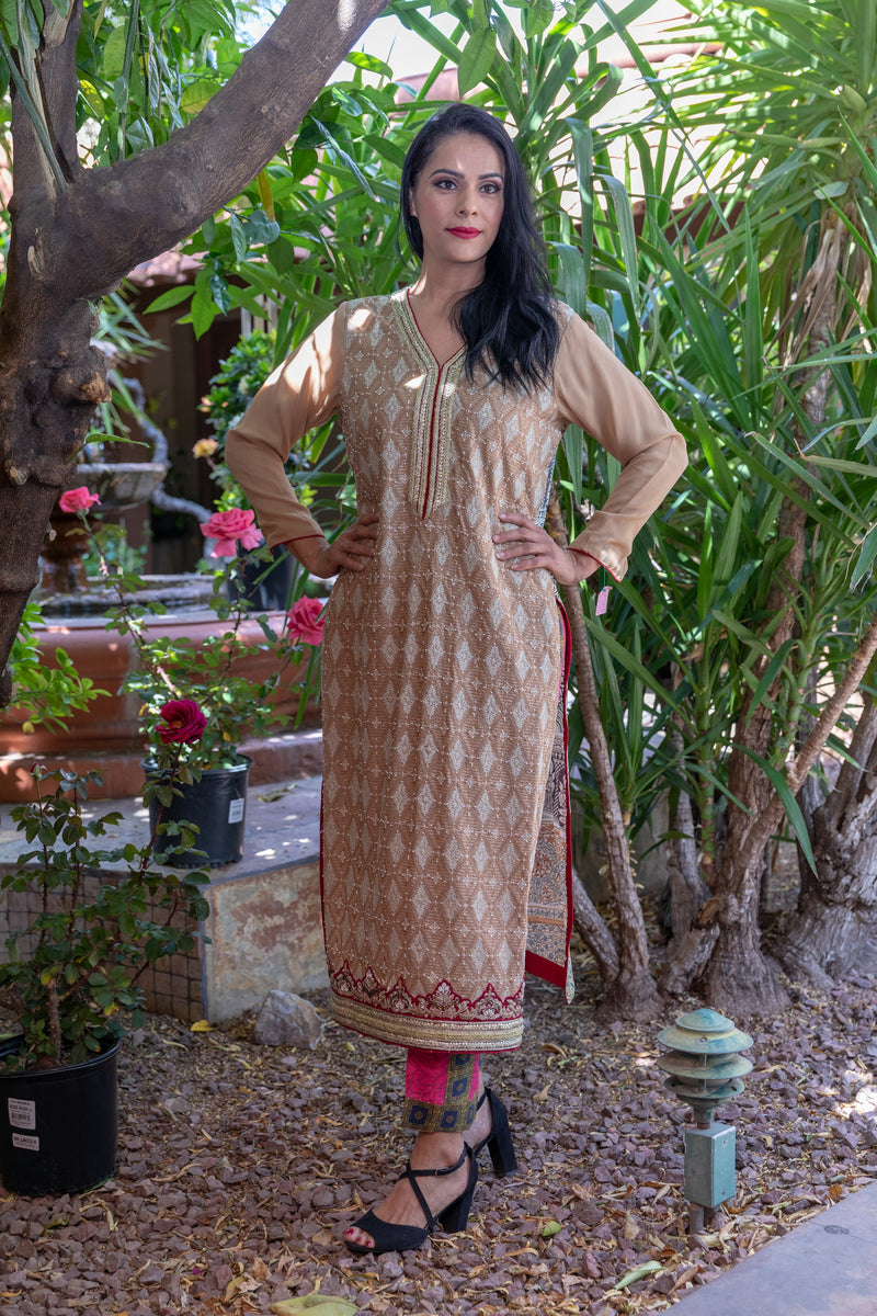 Tan Chiffon and Silk Two Piece Suit - Salwar Kameez - Trendz & Traditionz Boutique 