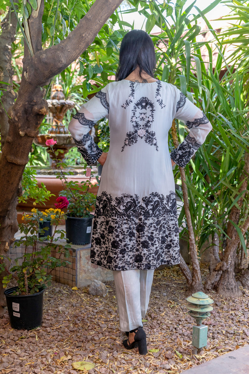 Chiffon Shirt with Black Embroidery- Silk pants & Scarf- Trendz & Traditionz Boutique 