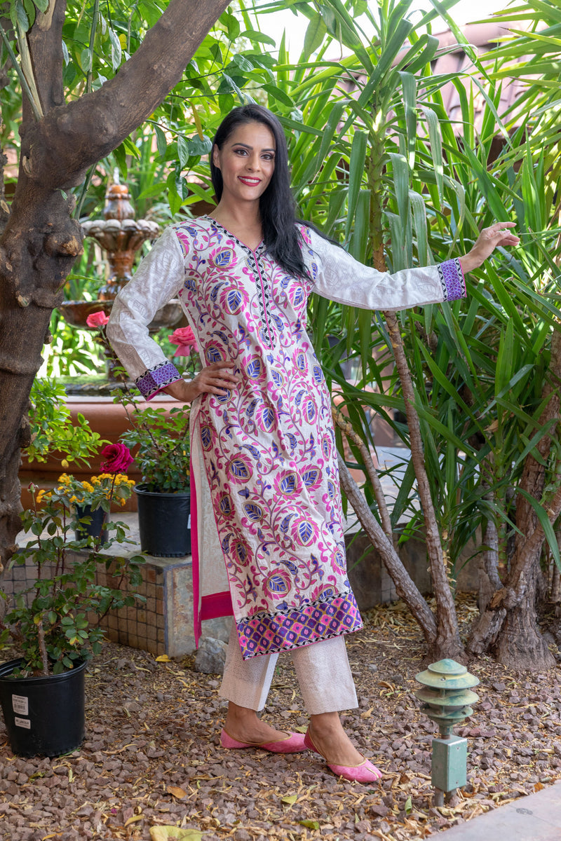 White Cotton Purple-Pink Embroidery Suit Salwar Kameez- Trendz & Traditionz Boutique 