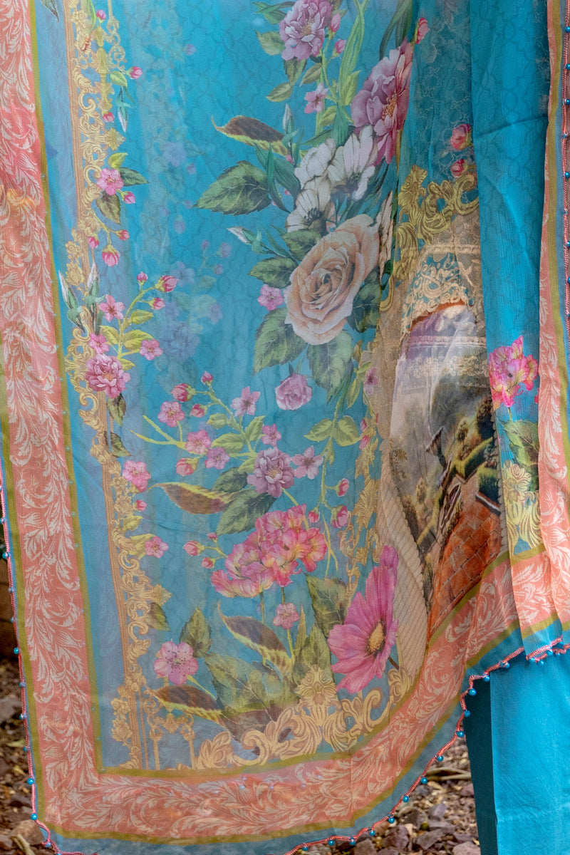 Teal Chiffon Salwar Kameez Suit-Floral Embroidery - Trendz & Traditionz Boutique 