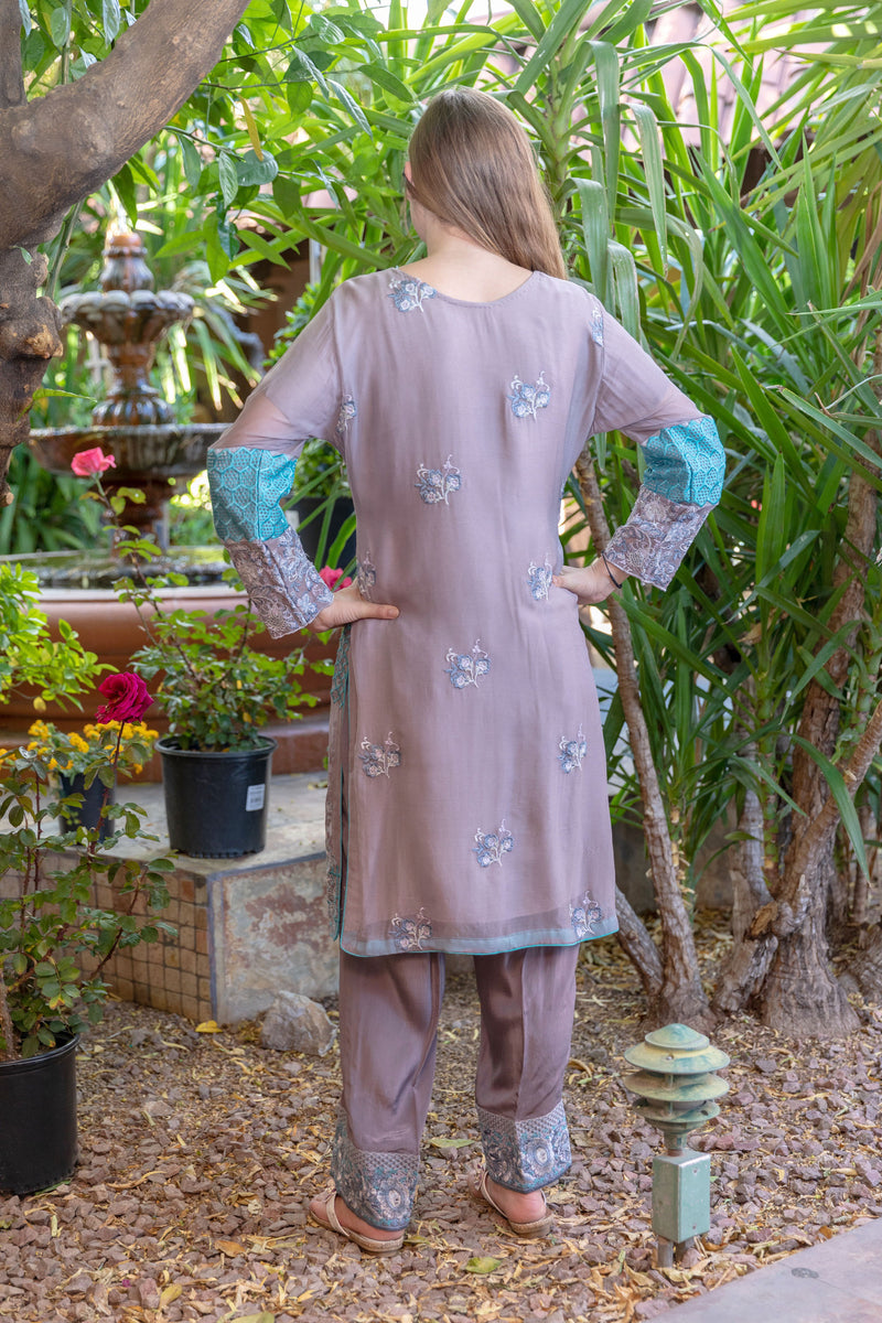 Grey and Blue Suit Made From Chiffon and Silk - Trendz & Traditionz Boutique 