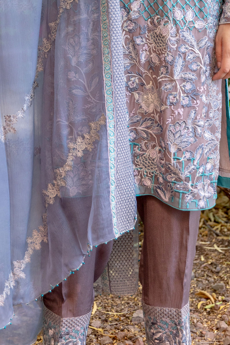 Grey and Blue Suit Made From Chiffon and Silk - Trendz & Traditionz Boutique 