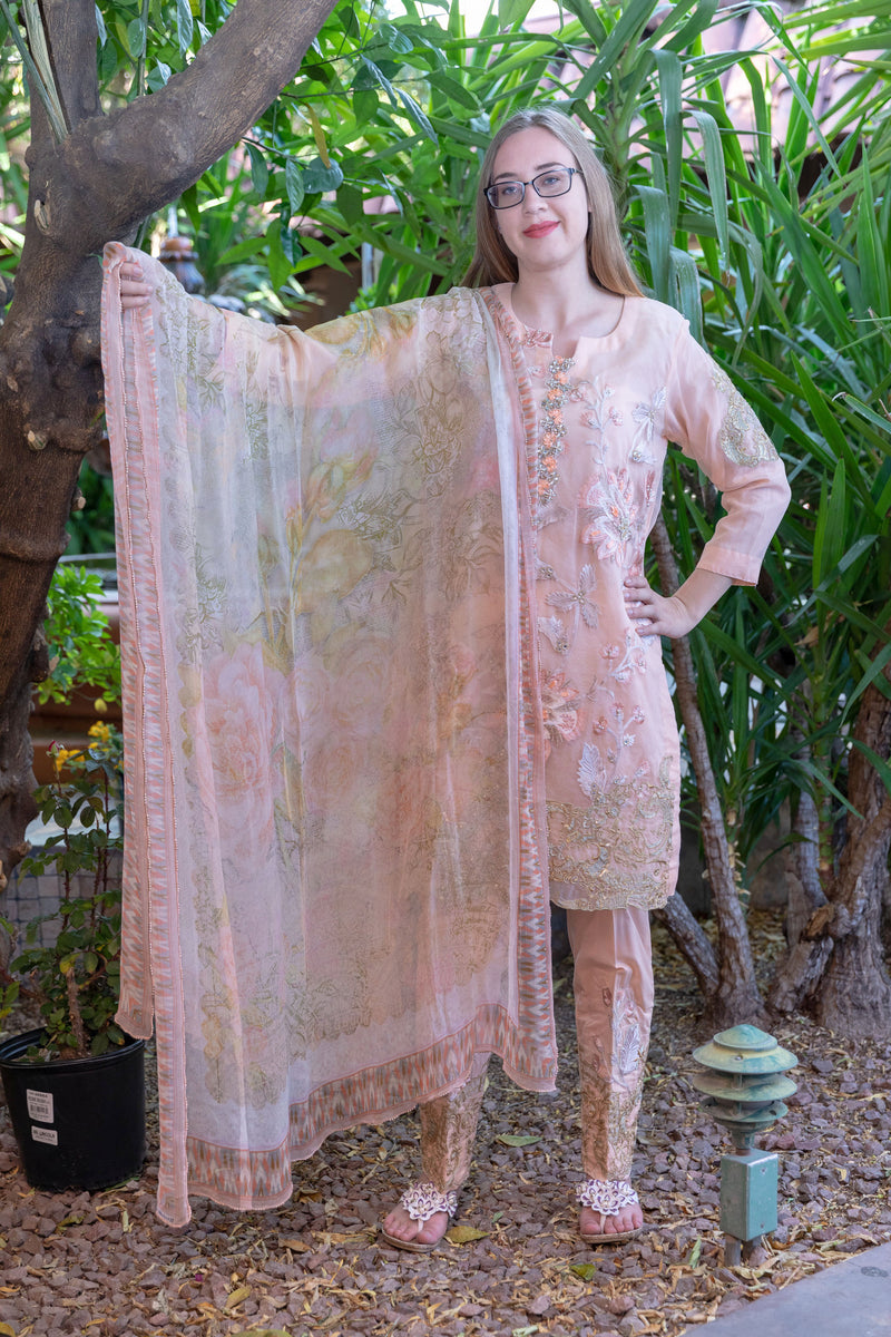 Gulahmed Peach Suit with Organza Shirt- Trendz & Traditionz Boutique