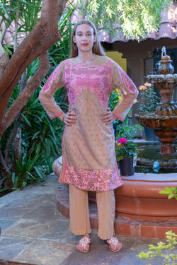 Beige Net Embroidered Shirt with Silk pants & Pink Embroidered Scarf-Dupatta- Trendz & Traditionz Boutique 