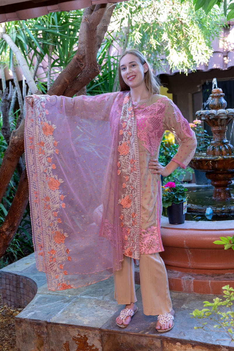 Beige Net Embroidered Shirt with Silk pants & Pink Embroidered Scarf-Dupatta- Trendz & Traditionz Boutique 