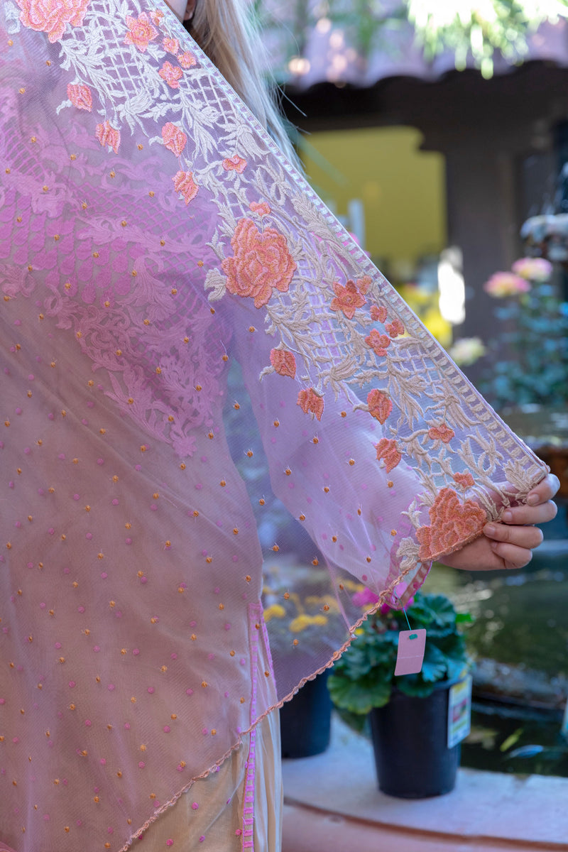 Beige Net Embroidered Shirt with Silk pants & Pink Embroidered Scarf-Dupatta- Trendz & Traditionz Boutique 