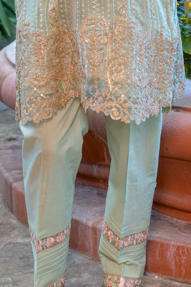 Sea Green Chiffon Salwar Kameez Suit with Gold Embroidery - Trendz & Traditionz Boutique 