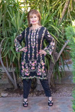 Black Chiffon Salwar Kameez Suit with Floral Embroidery - Trendz & Traditionz Boutique 