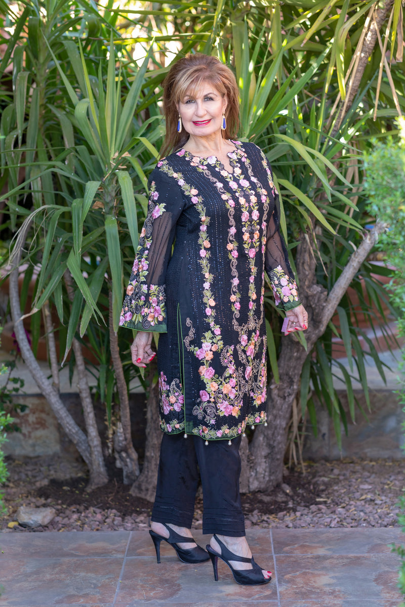 Black Chiffon Salwar Kameez Suit with Floral Embroidery - Trendz & Traditionz Boutique 