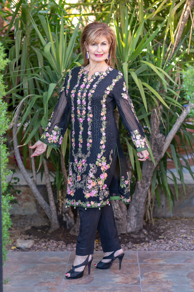 Black Chiffon Salwar Kameez Suit with Floral Embroidery - Trendz & Traditionz Boutique 