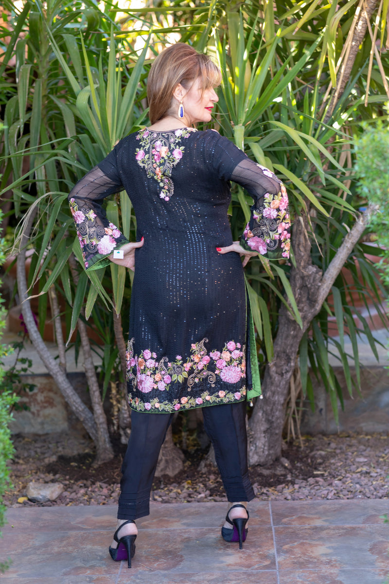 Black Chiffon Salwar Kameez Suit with Floral Embroidery - Trendz & Traditionz Boutique 