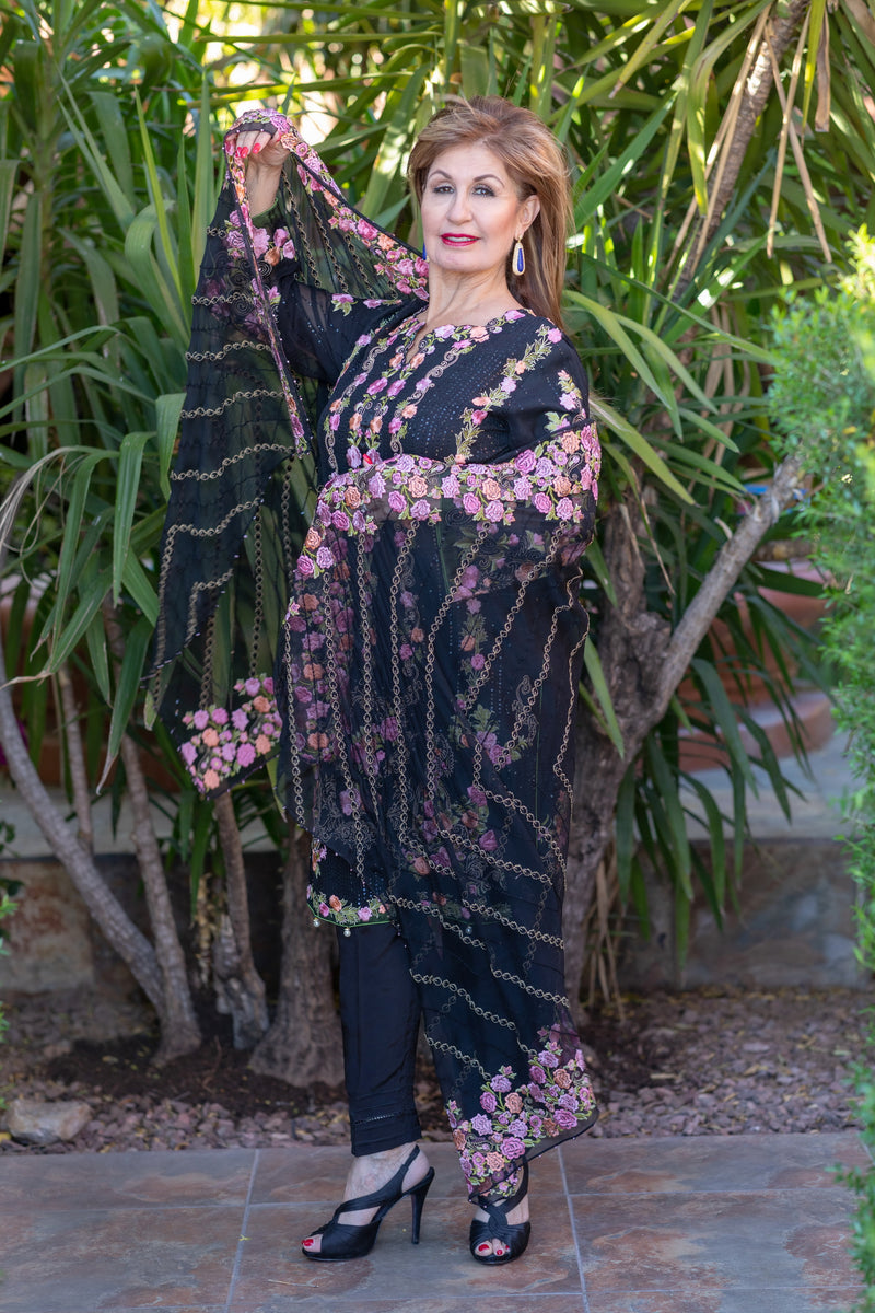 Black Chiffon Salwar Kameez Suit with Floral Embroidery - Trendz & Traditionz Boutique 