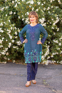 Blue Silk Salwar Kameez Suit with Net Embroidering - Trendz & Traditionz Boutique 