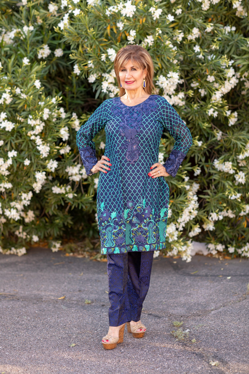 Blue Silk Salwar Kameez Suit with Net Embroidering - Trendz & Traditionz Boutique 