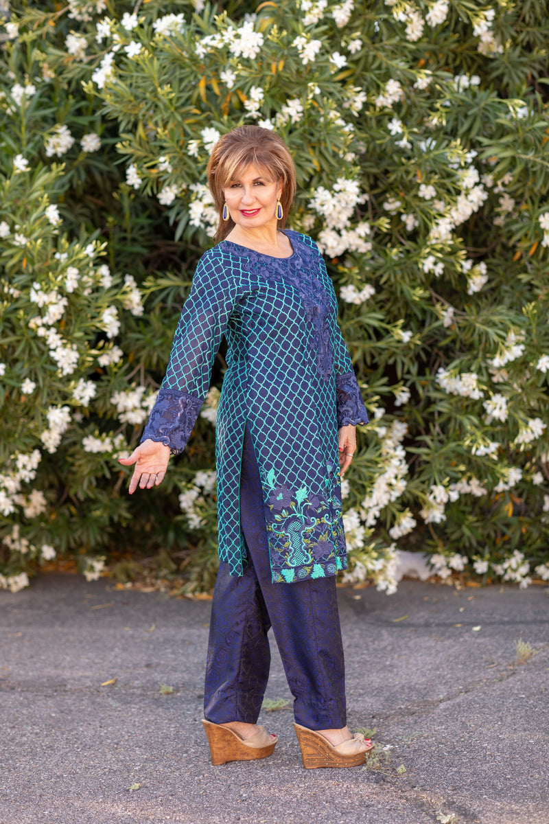 Blue Silk Salwar Kameez Suit with Net Embroidering - Trendz & Traditionz Boutique 