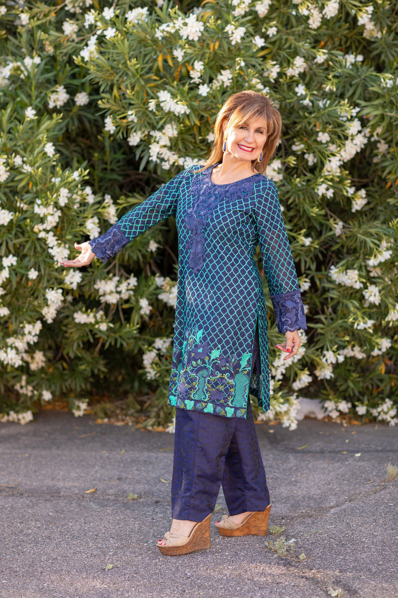 Blue Silk Salwar Kameez Suit with Net Embroidering - Trendz & Traditionz Boutique 