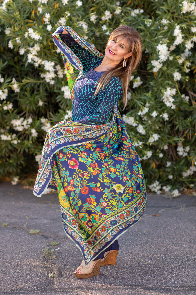 Blue Silk Salwar Kameez Suit with Net Embroidering - Trendz & Traditionz Boutique 