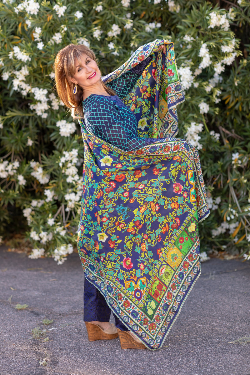 Blue Silk Salwar Kameez Suit with Net Embroidering - Trendz & Traditionz Boutique 