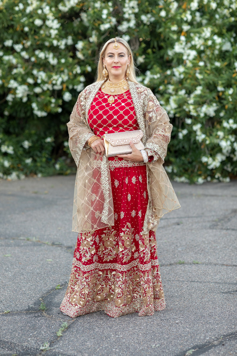 Red Bridal Lengha with Gold Embroidery and Beading - Trendz & Traditionz Boutique 