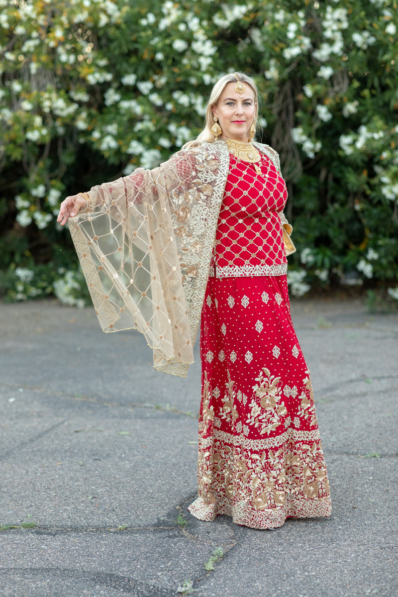 Red Bridal Lengha with Gold Embroidery and Beading - Trendz & Traditionz Boutique 