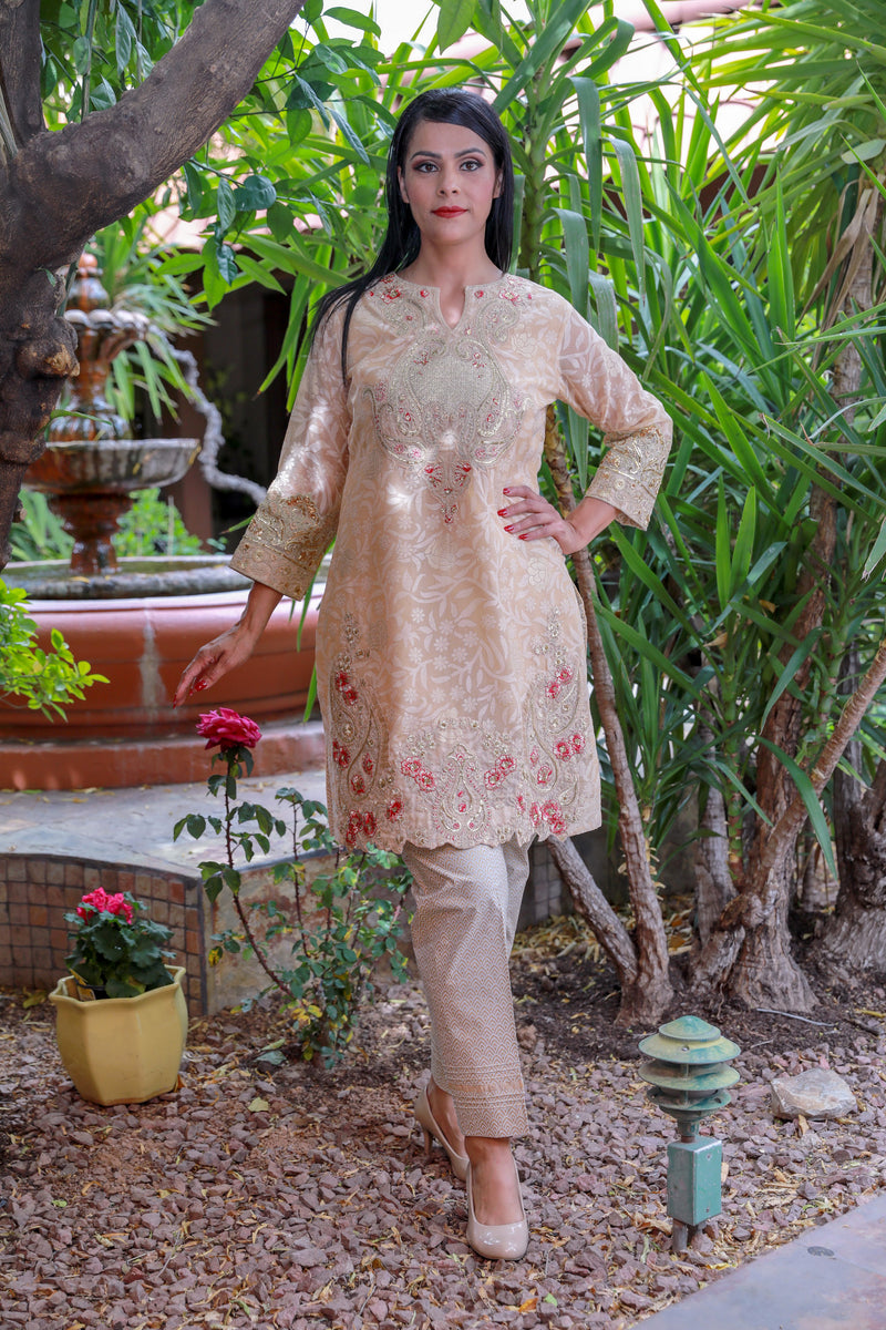 Pale Pink Cotton Brocade Salwar Kameez Suit- Trendz & Traditionz Boutique 